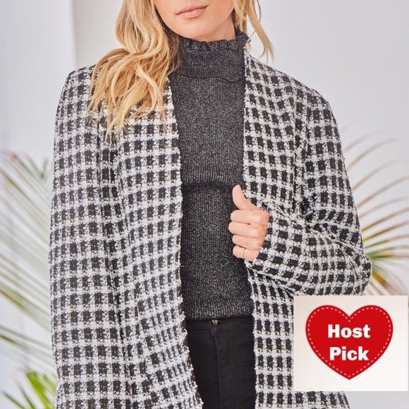 Classic Tweed Blazer Black & White Plaid Open Front Collarless Long Sleeves - Picture 5 of 5